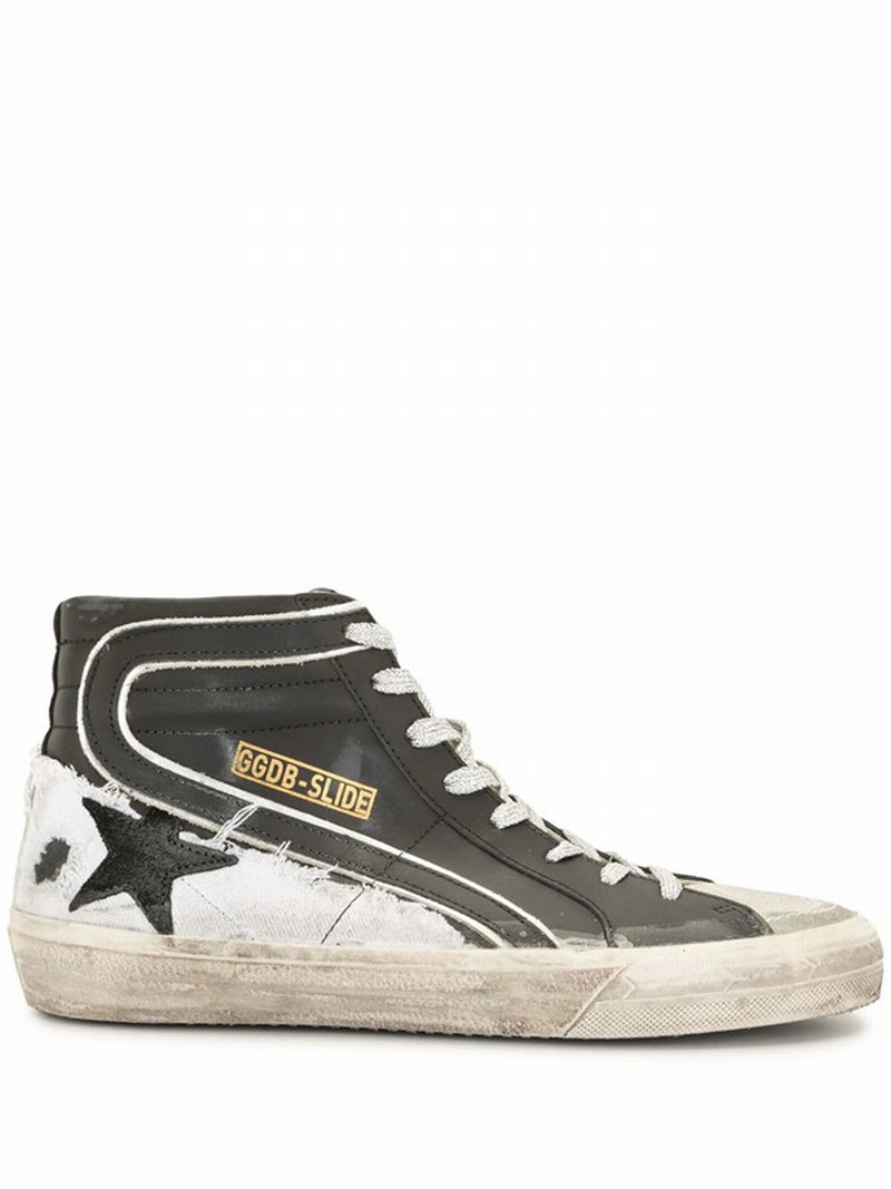 Slide High-top Sneakers In Black Leather,ice Suede,black Star