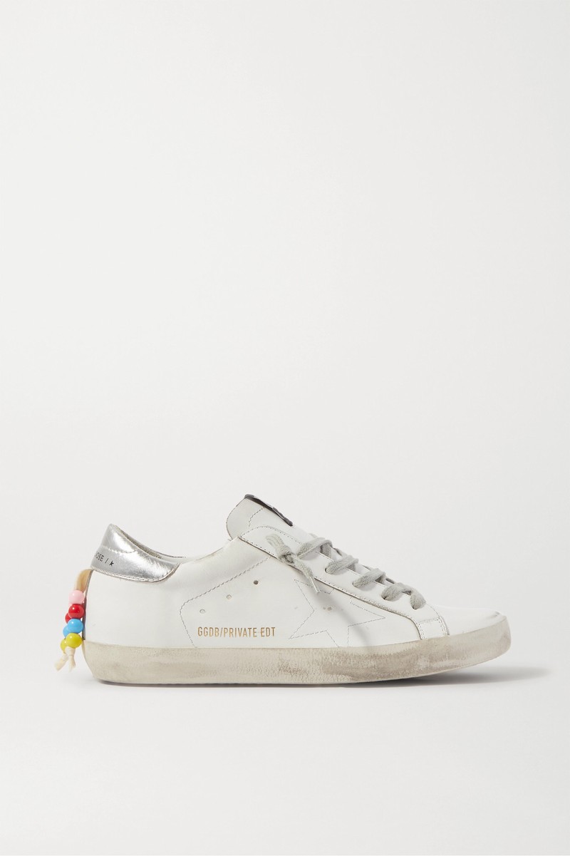 Superstar Bead-embellished Distressed Leather Sneakers In White