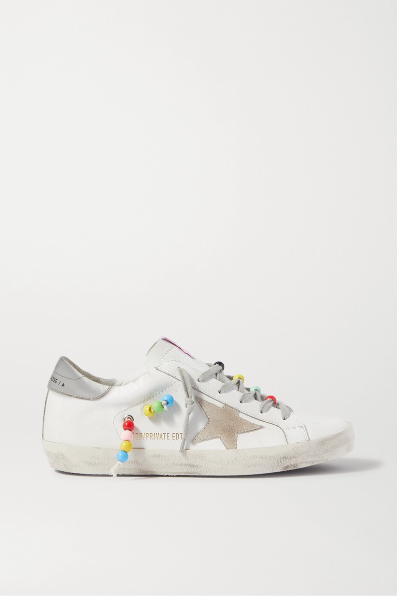 Superstar Bead-embellished Distressed Leather And Suede Sneakers In White