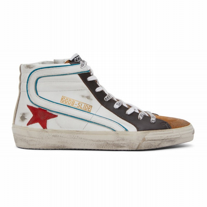 White & Brown Slide Classic High Sneakers In White/ Elk Brown/ Ruby