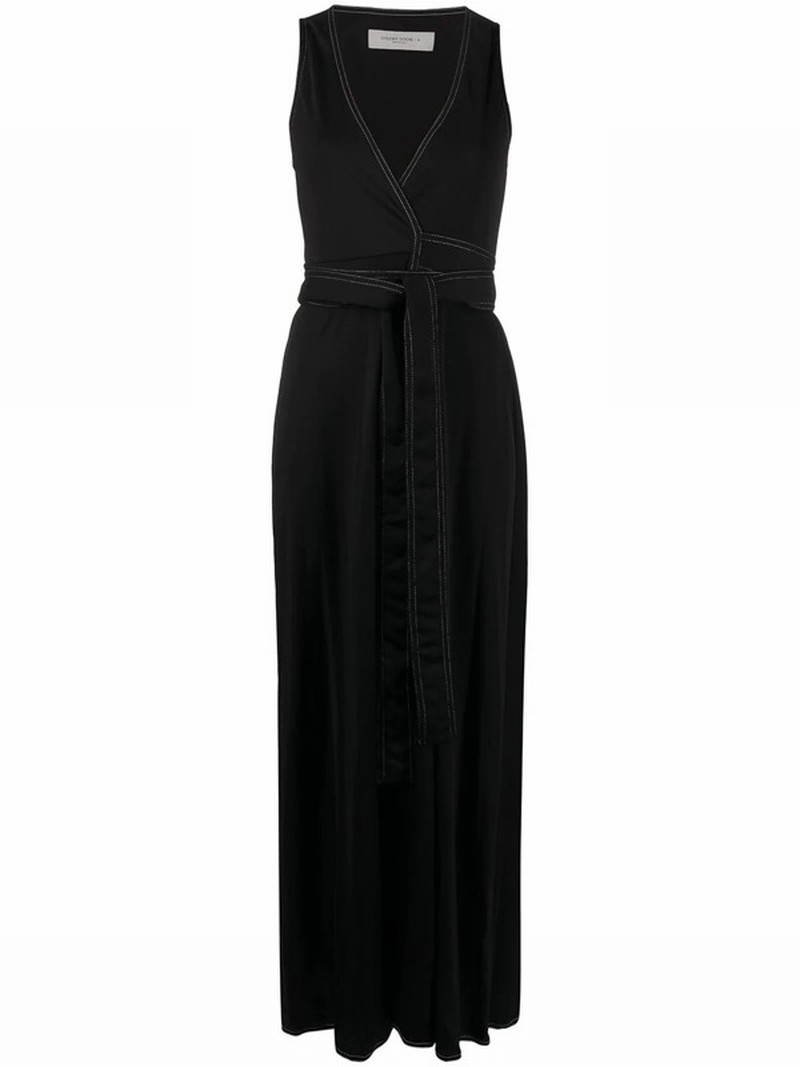 Contrast Stitching Tied Waist Dress In Black