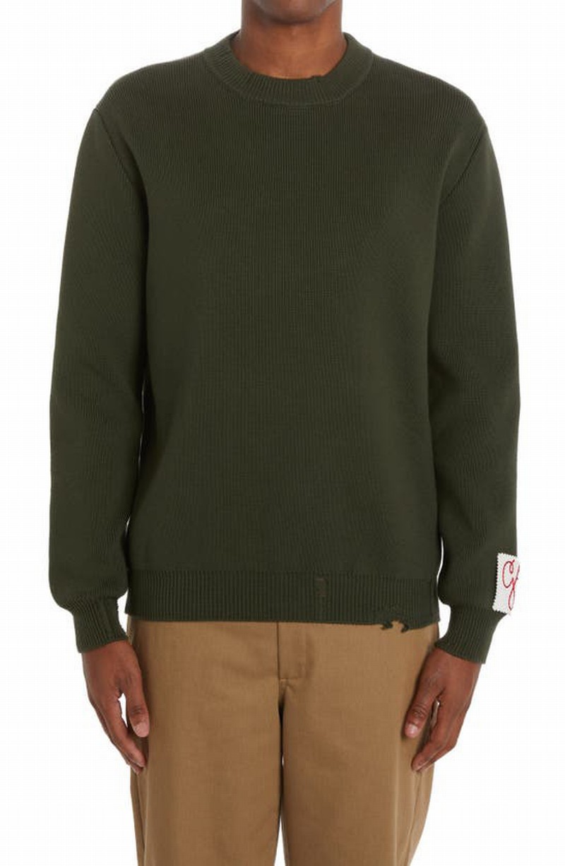 Regular Knit Crew Neck Distressed Cotton In Green