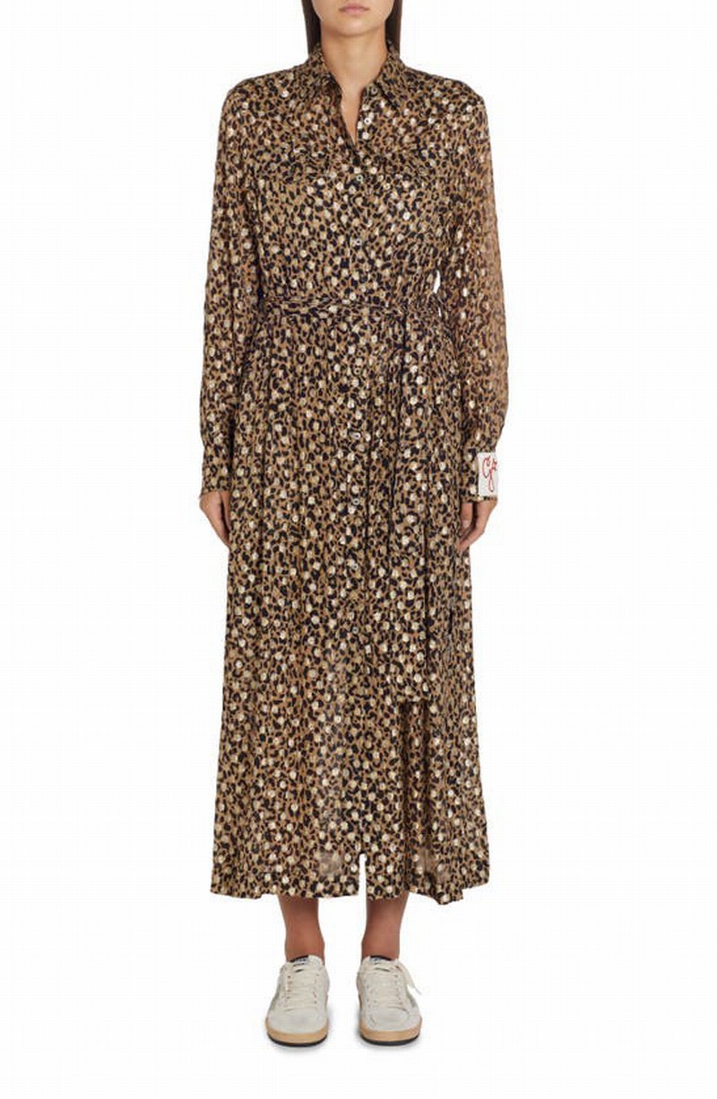 Batilda Long Sleeve Shimmer Dot Fil Coup?? Midi Shirtdress In Tanninm Black Gold