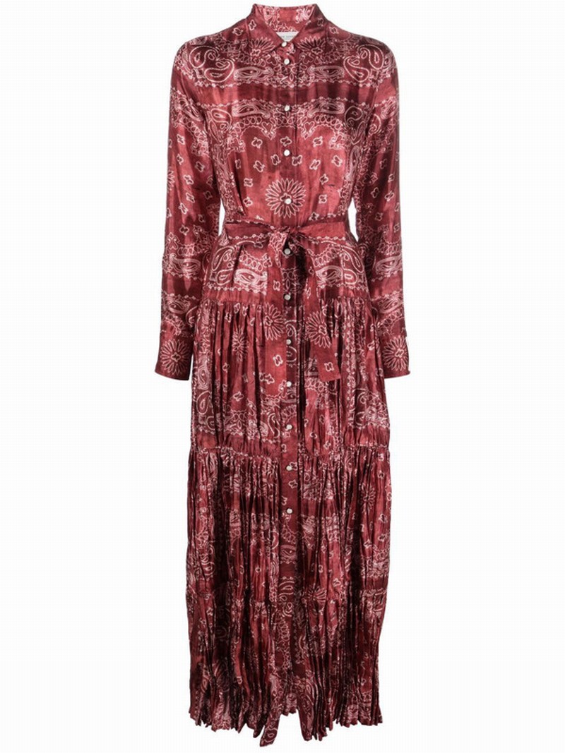 Belted Tiered Paisley-print Satin-twill Maxi Dress In Red