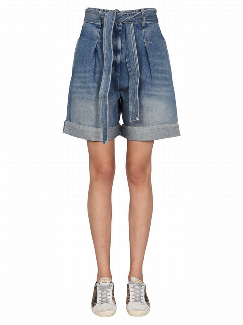 Tie-waist High-waist Denim Shorts In Blu