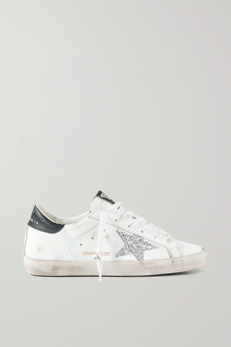 Superstar Distressed Glittered Leather Sneakers In White