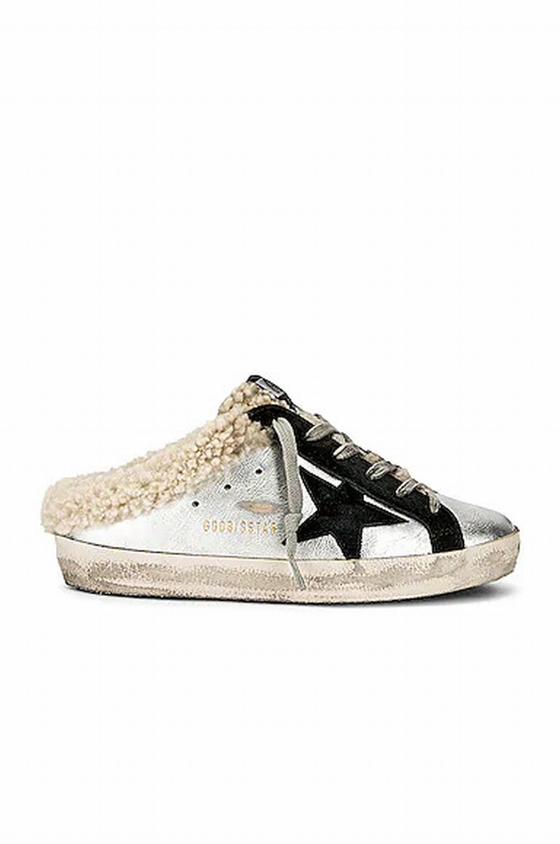 Women's Shearling Trim Metallic Leather Sneakers In White