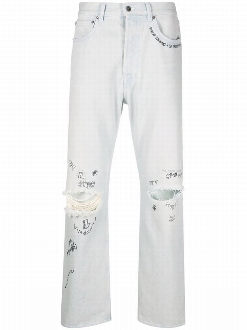 Blue Distressed-effect Text-print Straight-leg Jeans