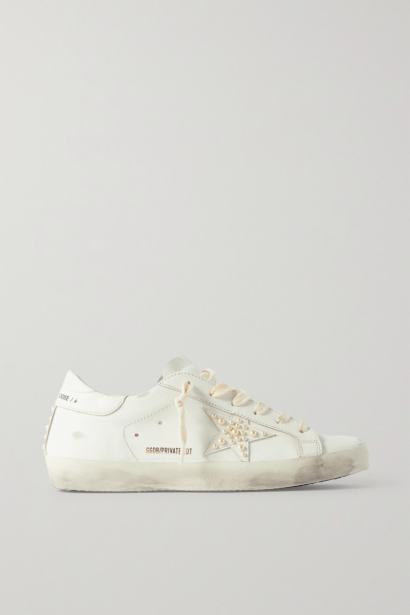 Superstar Faux Pearl-embellished Distressed Leather Sneakers In White