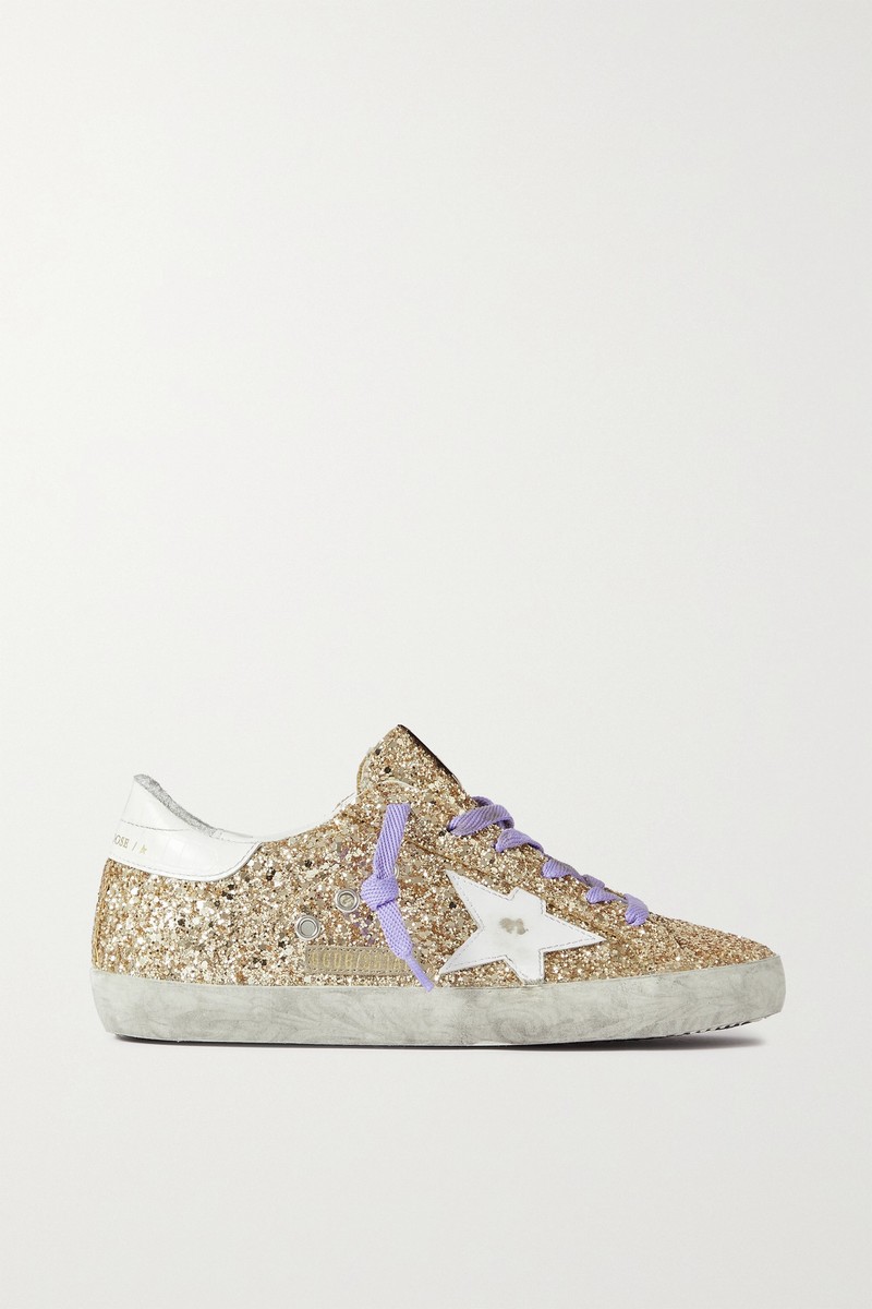 Super-star Distressed Glittered Leather Sneakers In Gold