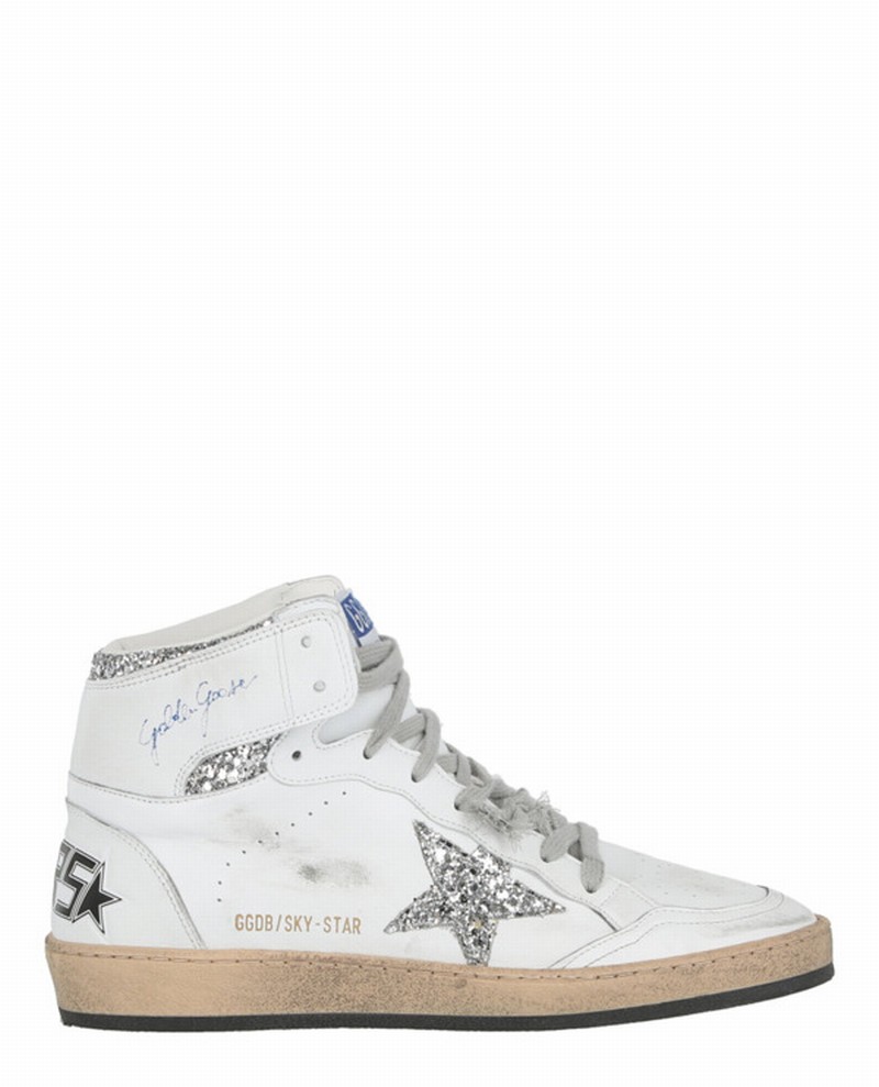 Sky-star Distressed Glittered Leather High-top Sneakers In White/silver