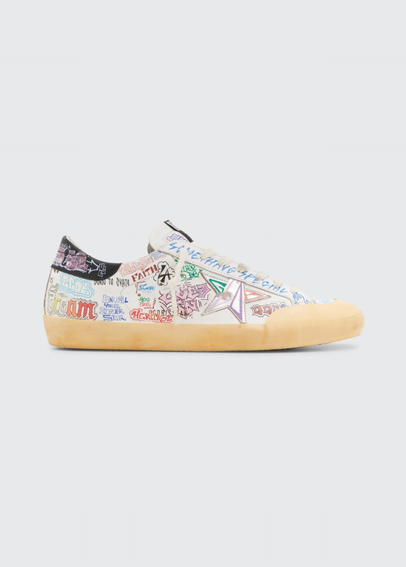 Men's Super-star Graffiti-print Leather Low-top Sneakers In White/silver