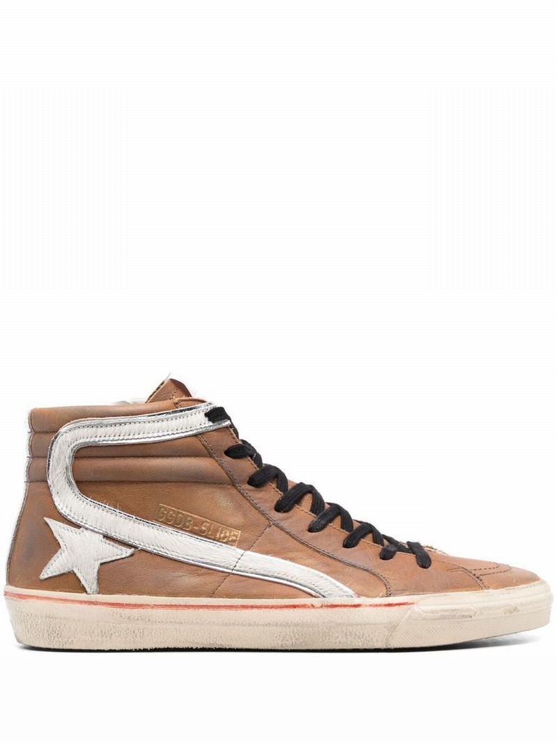 Leather Slide Hi-top Sneakers In Braun