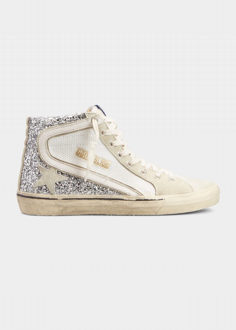 Slide Glitter High-top Sneakers In Silverwhitemarble