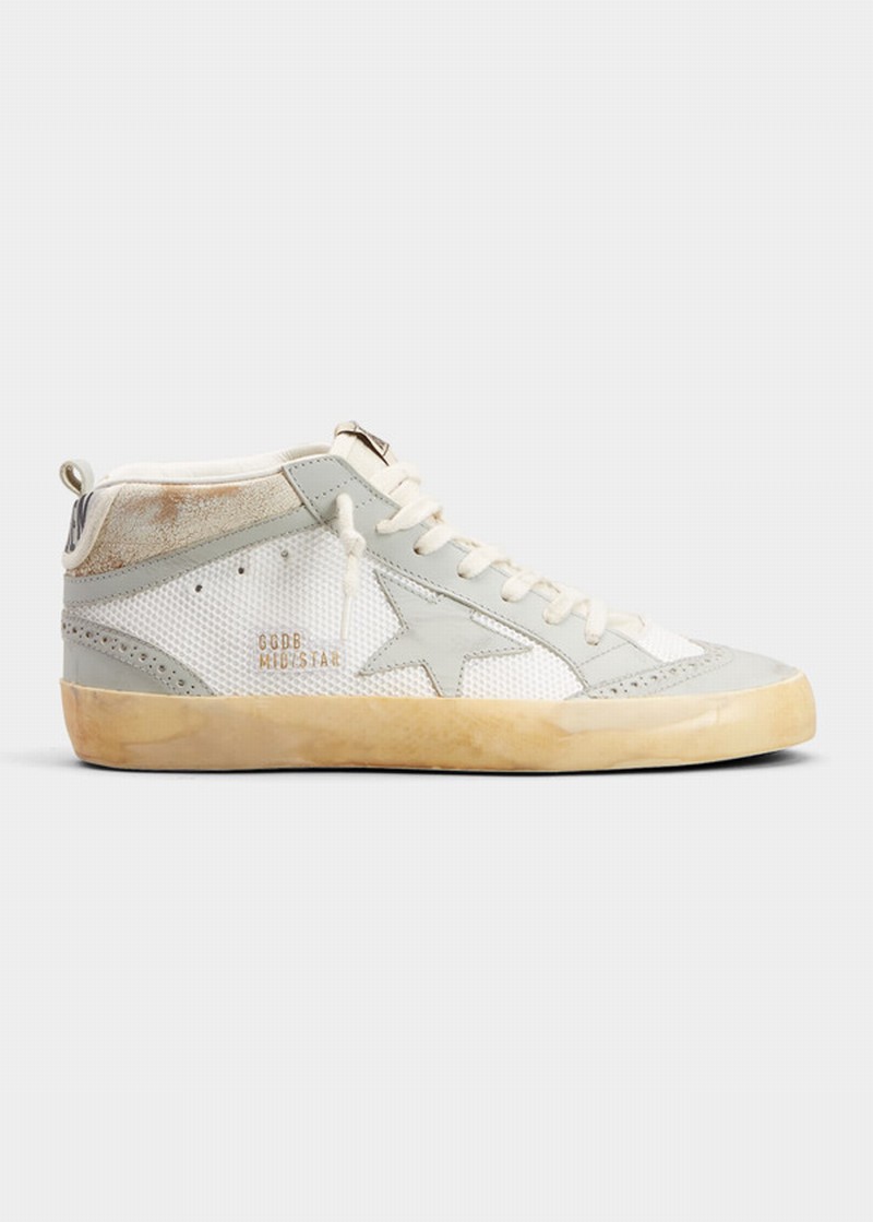 Mid Star Mixed Leather Net Sneakers In Whitebeigelight G