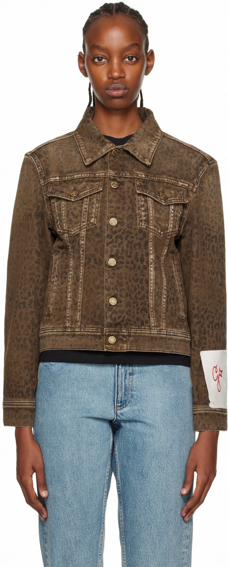 Crop Leopard Print Denim Jacket In Brown