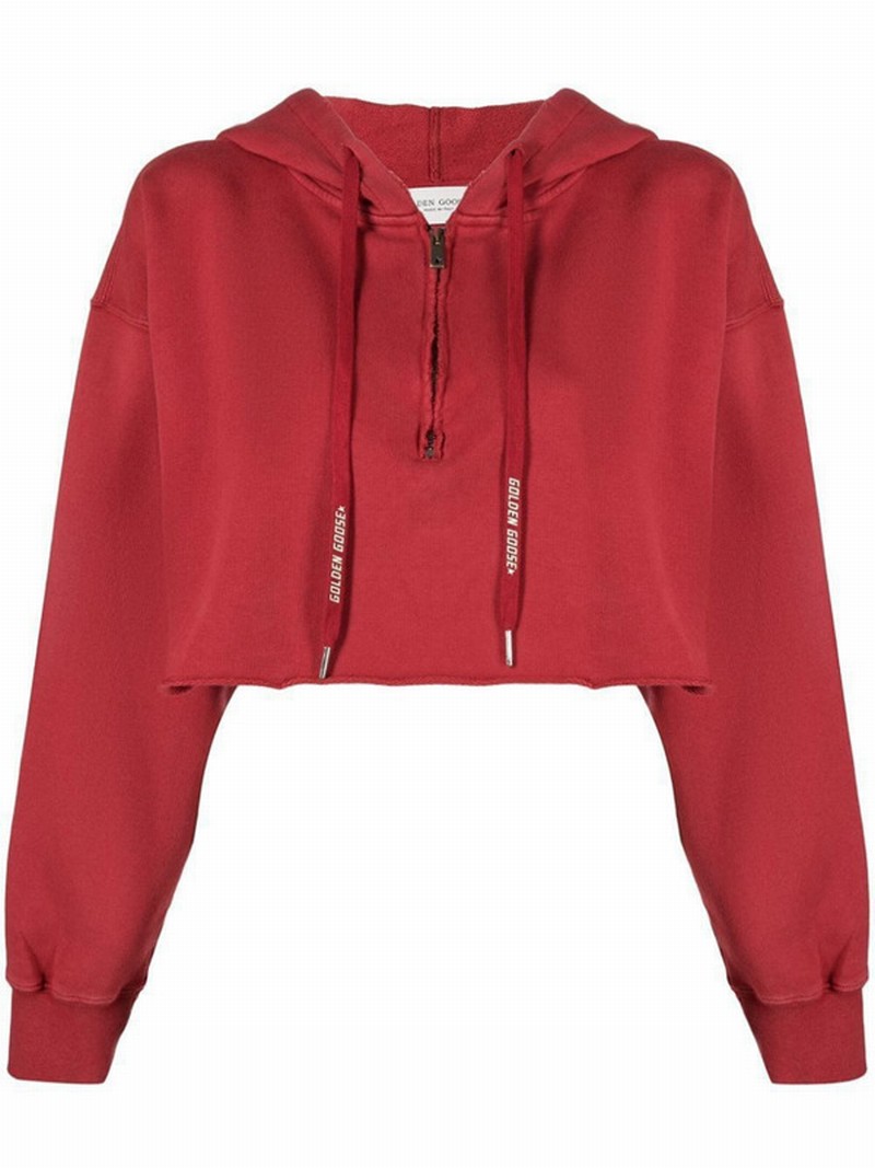 Cropped Drawstring Hoodie In Red