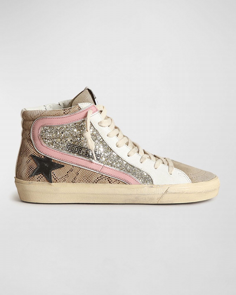 Slide Mid-top Snake Glitter Sneakers In Platinum/beige/ta