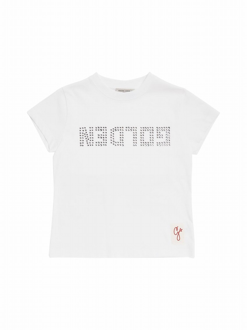 Kids' Embellished Cotton Jersey S/s T-shirt In White