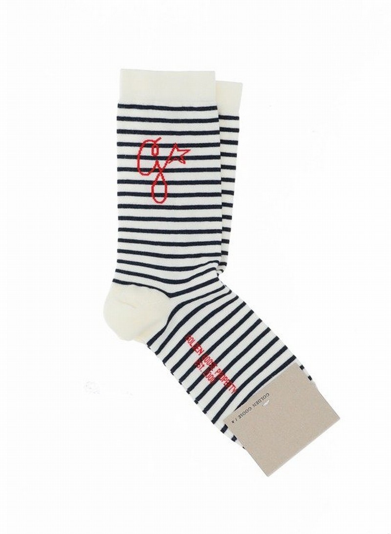 Deluxe Brand Logo Detailed Striped Socks In Ecru/mazarine Blue