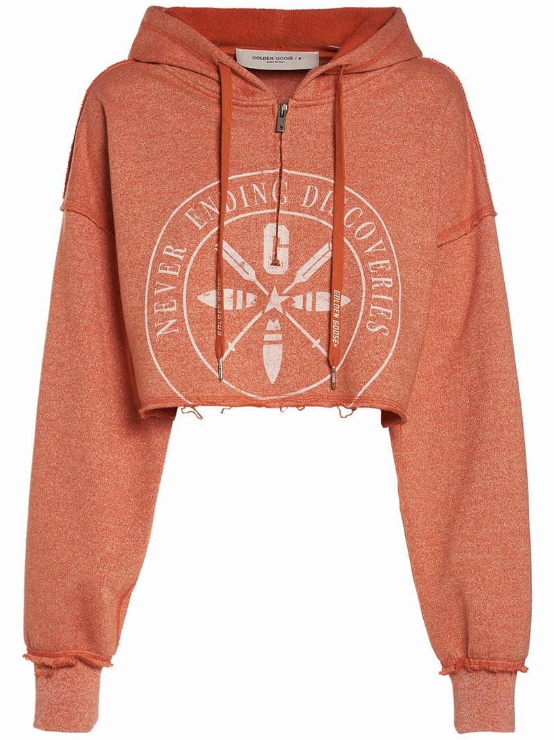 Journey Zipped Crop Cotton Hoodie In Orange