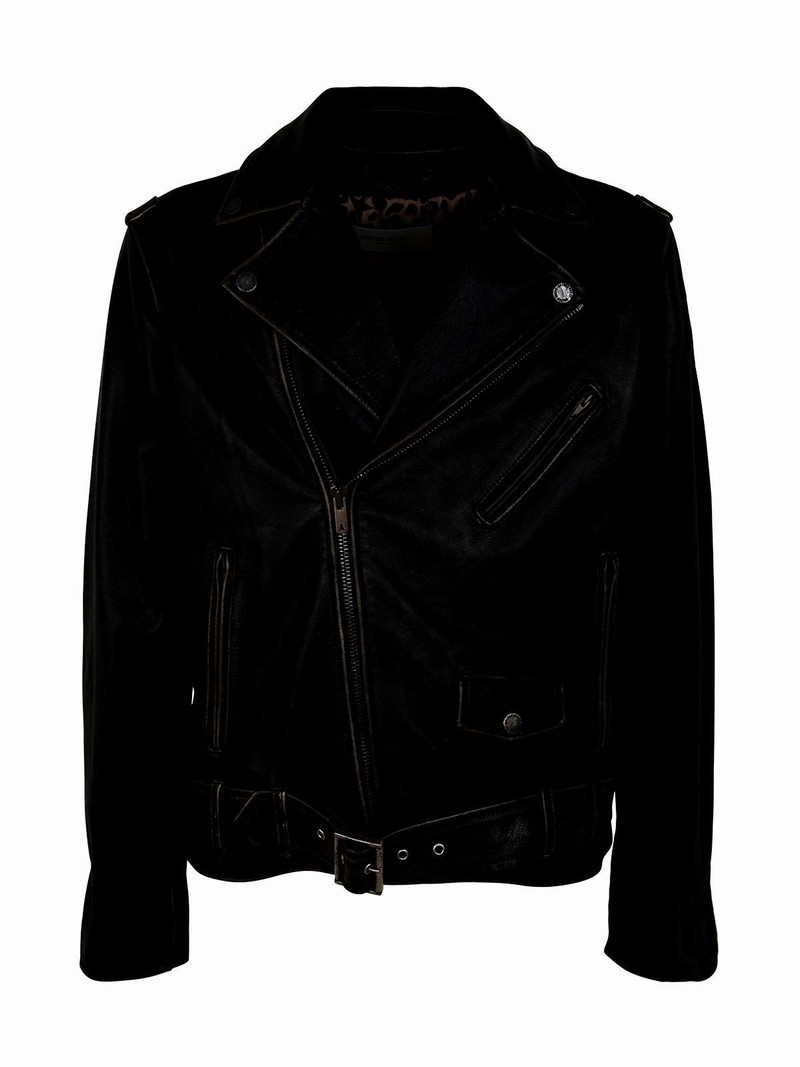 Golden M`s Chiodo Jacket Distressed Bull Leather In Black