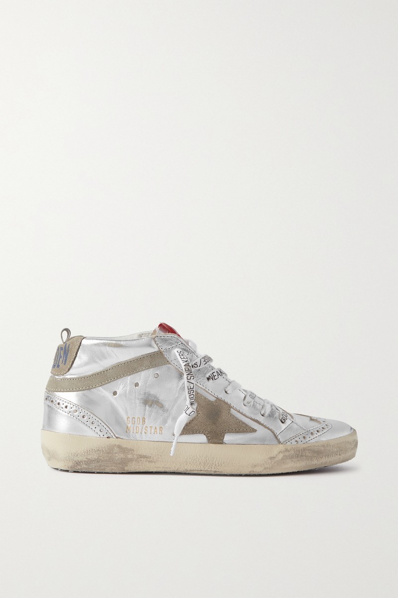 Mid Star Distressed Suede-trimmed Metallic Leather Sneakers In Silver