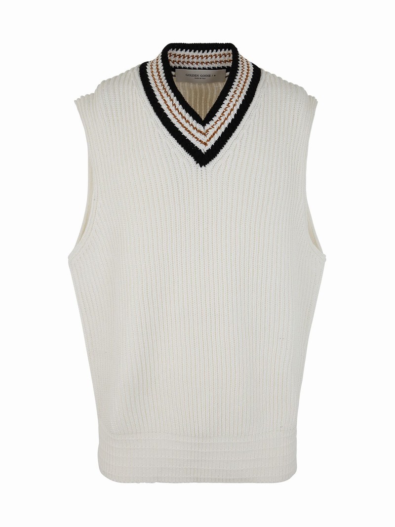 Journey M`s College Knit Cotton V Neck Vest In Papyrus