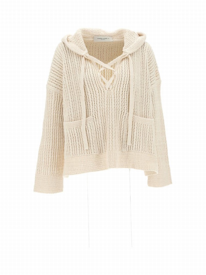 Deluxe Brand Knitted Hooded Drawstring Top In Neutro