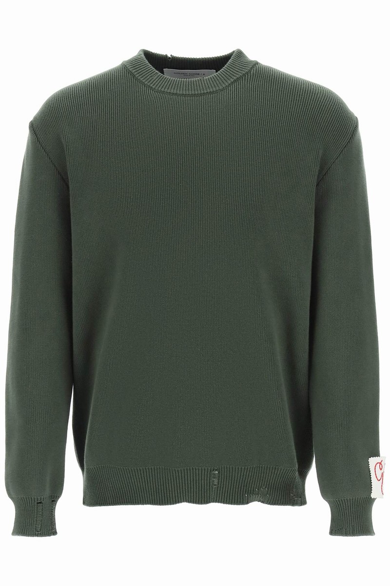 Distressed Cotton Sweater Golden Collection In Military Green (green)