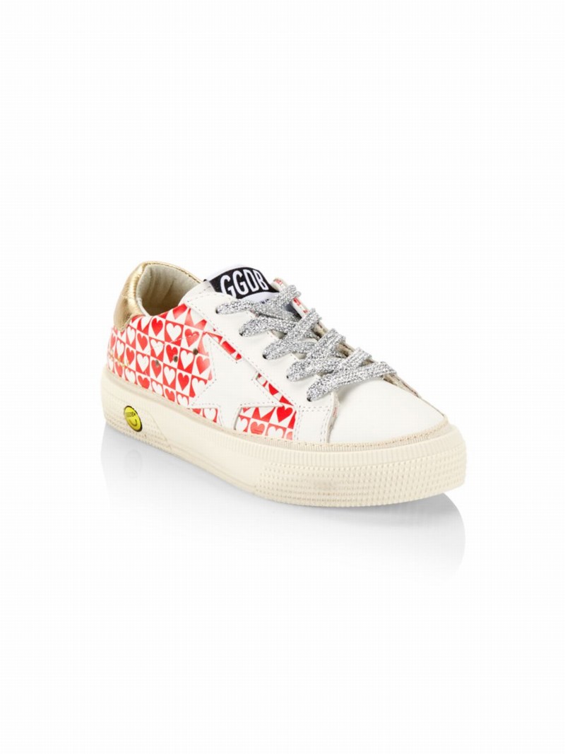 Baby's, Little Girl's & Girl's Heart Print Leather Platform Sneakers In White Red Hearts