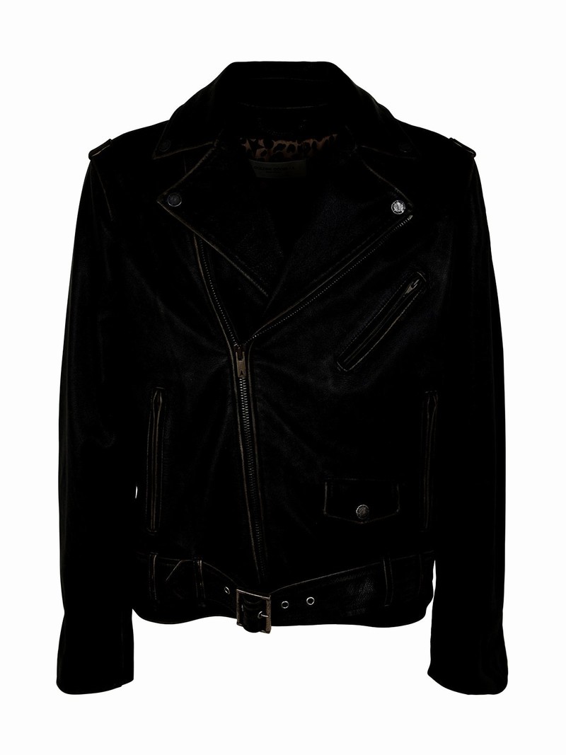 Golden M`s Chiodo Jacket Distressed Bull Leather In Black