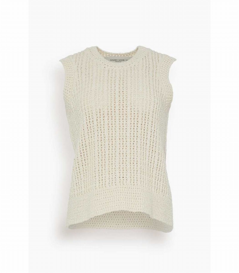 Crochet Crewneck Sleeveless Knit Top In Papyrus In White