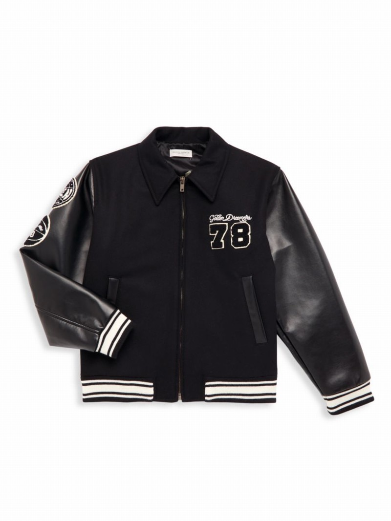 Kids' Boy's Wool Faux Leather-trim Bomber Jacket In Black