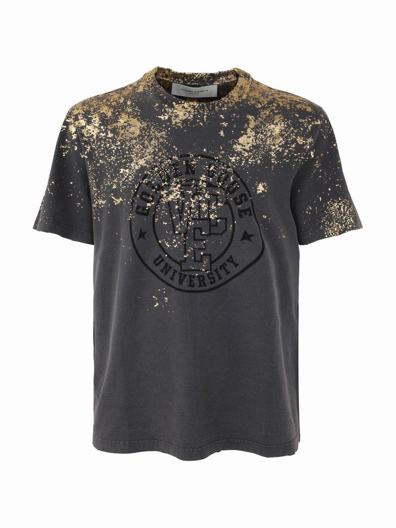 Logo Printed Crewneck T-shirt In Antracinte/golden