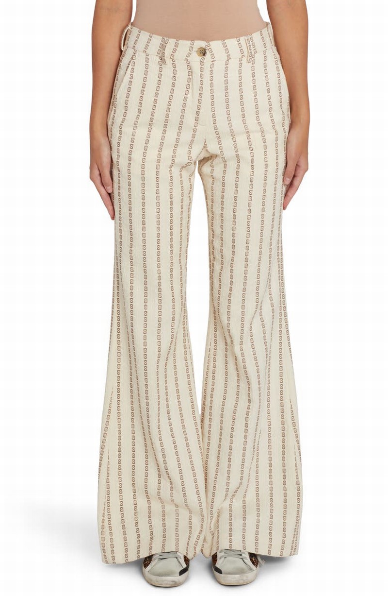 Geometric Embroidered Stripe Cotton Wide Leg Pants In Lambs Wool/ Coffe Iron