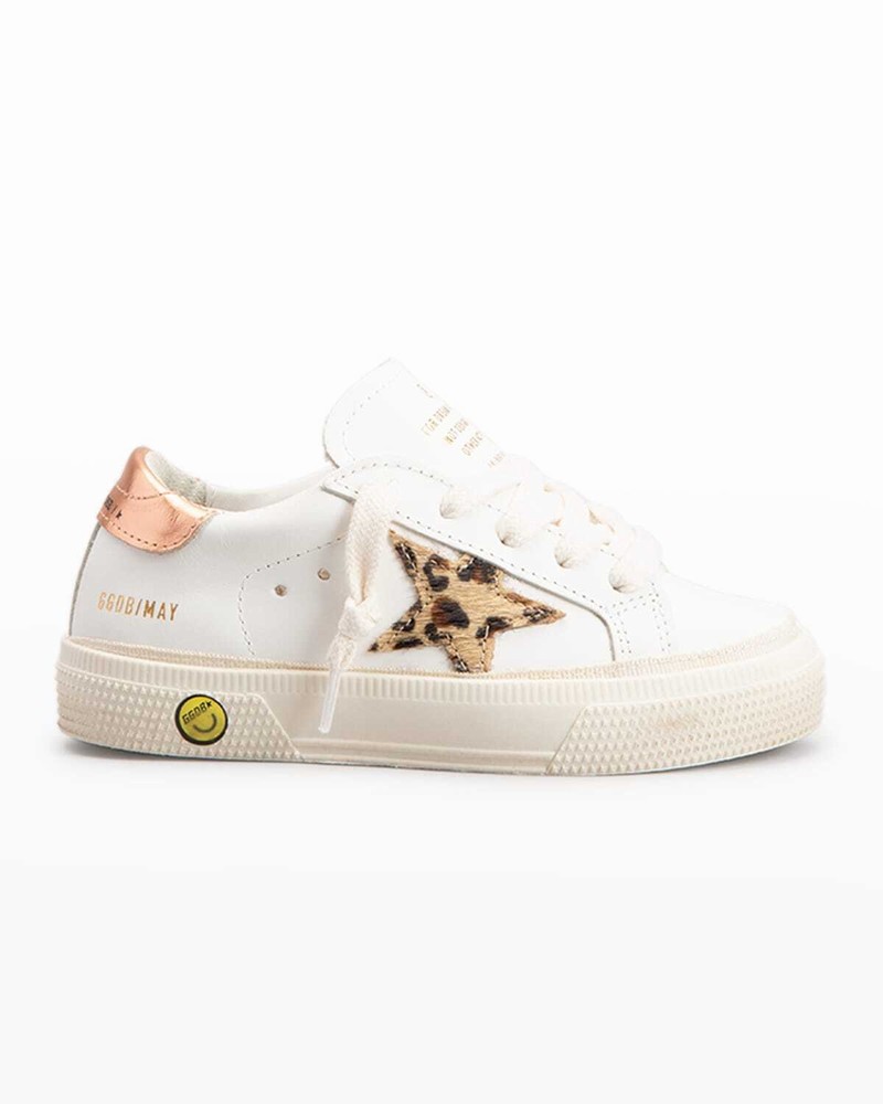 Kids' Girl's May Leather Leopard-print Star Sneakers, Baby/toddler In White/beige/brown